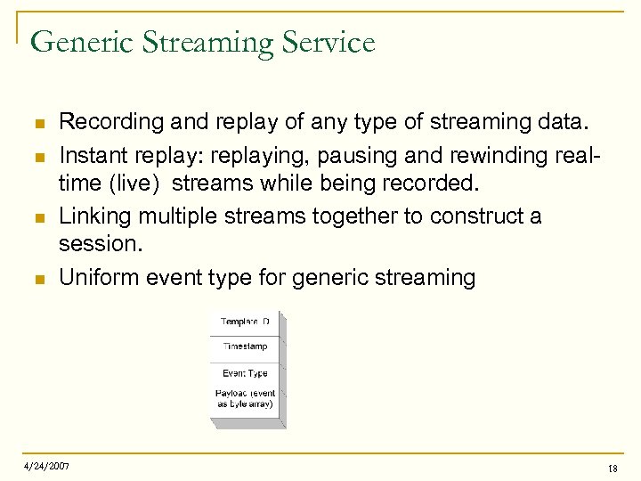 Generic Streaming Service n n Recording and replay of any type of streaming data.