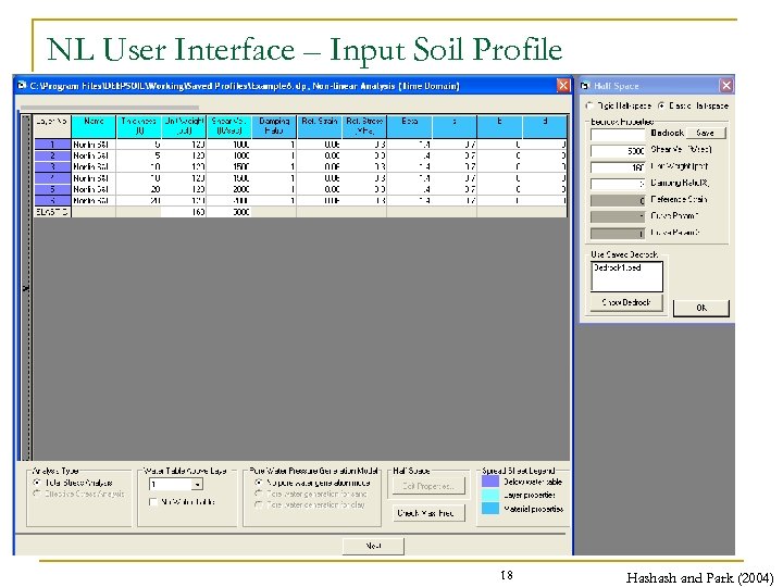 NL User Interface – Input Soil Profile 18 Hashash and Park (2004) 