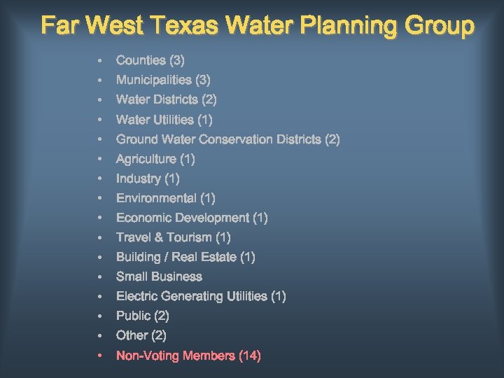 Far West Texas Water Planning Group • Counties (3) • Municipalities (3) • Water