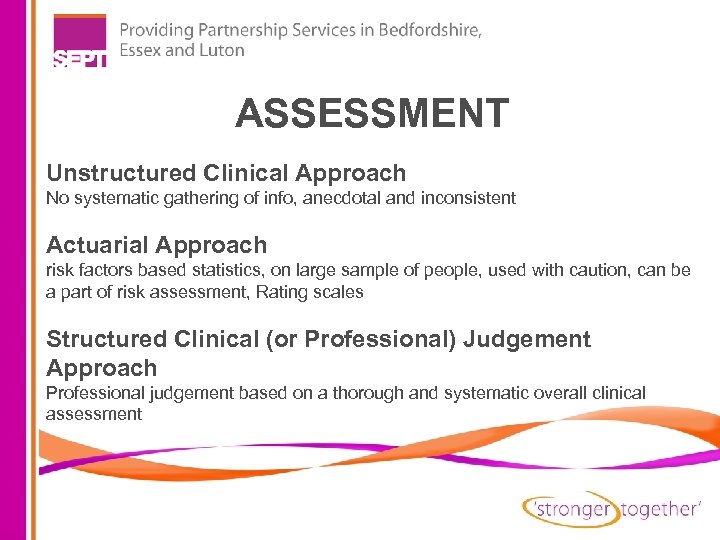 ASSESSMENT Unstructured Clinical Approach No systematic gathering of info, anecdotal and inconsistent Actuarial Approach