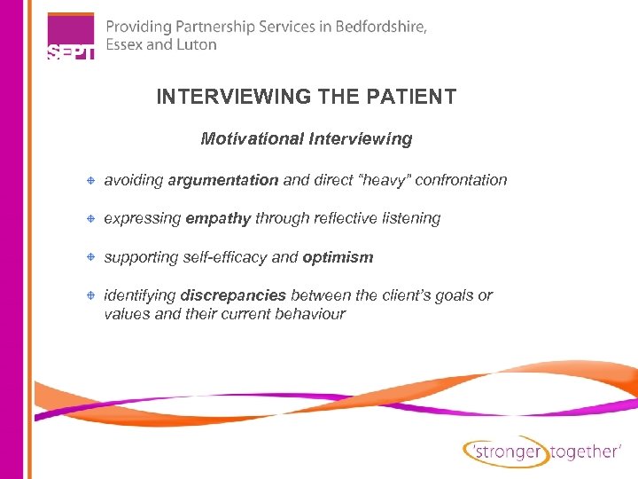 INTERVIEWING THE PATIENT Motivational Interviewing avoiding argumentation and direct “heavy” confrontation expressing empathy through