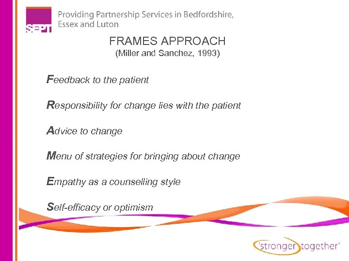 FRAMES APPROACH (Miller and Sanchez, 1993) Feedback to the patient Responsibility for change lies