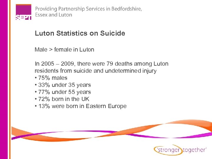 Luton Statistics on Suicide Male > female in Luton In 2005 – 2009, there