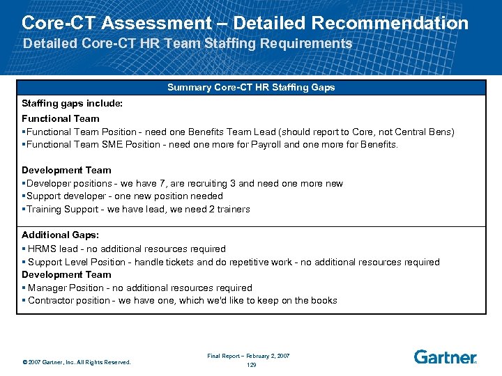 Core-CT Assessment – Detailed Recommendation Detailed Core-CT HR Team Staffing Requirements Summary Core-CT HR