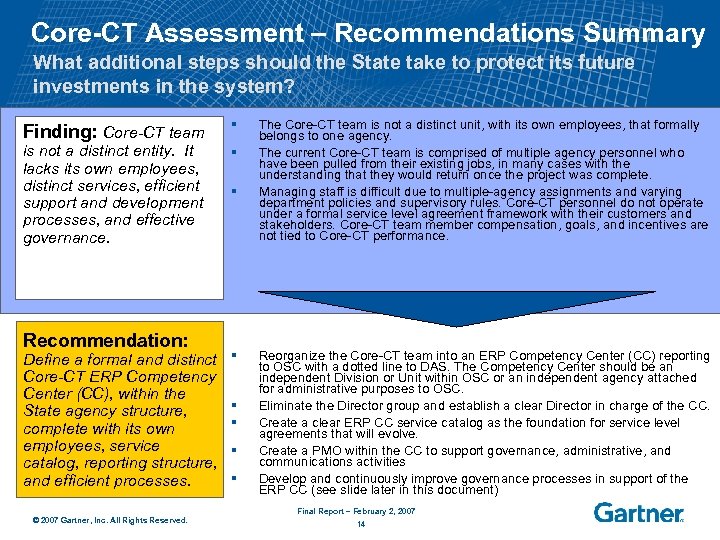 Core-CT Assessment – Recommendations Summary What additional steps should the State take to protect