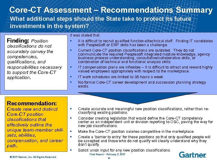 Core-CT Assessment – Recommendations Summary What additional steps should the State take to protect