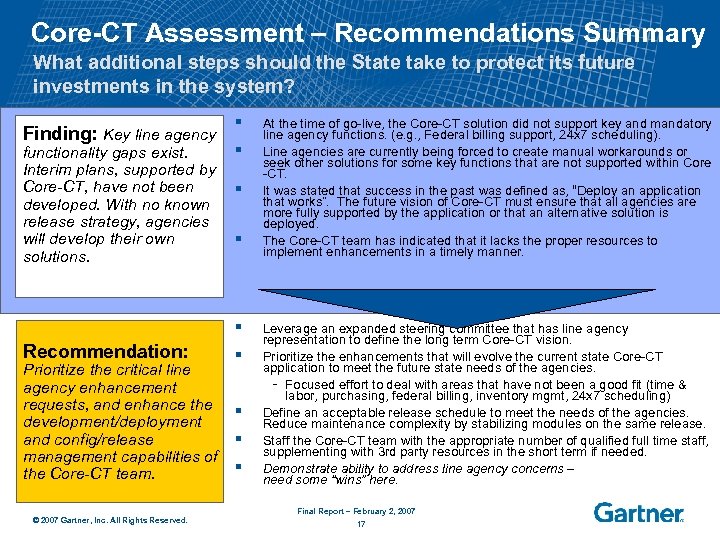 Core-CT Assessment – Recommendations Summary What additional steps should the State take to protect