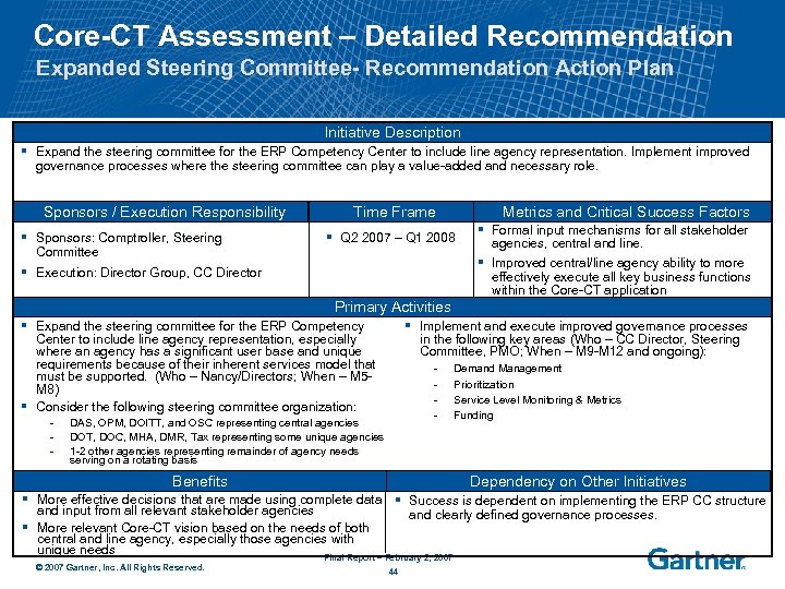 Core-CT Assessment – Detailed Recommendation Expanded Steering Committee- Recommendation Action Plan Initiative Description §