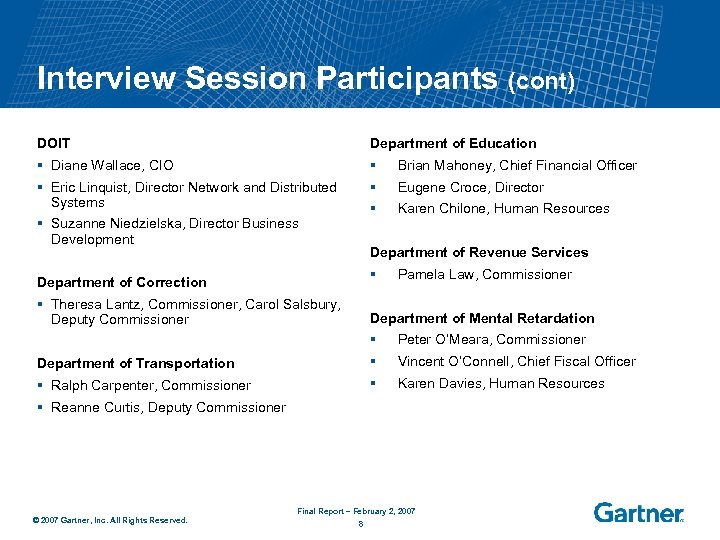 Interview Session Participants (cont) DOIT Department of Education § Diane Wallace, CIO § Brian