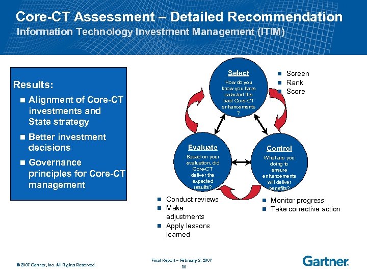 Core-CT Assessment – Detailed Recommendation Information Technology Investment Management (ITIM) Select Results: n Alignment