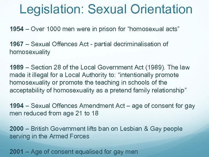 Legislation: Sexual Orientation 1954 – Over 1000 men were in prison for “homosexual acts”