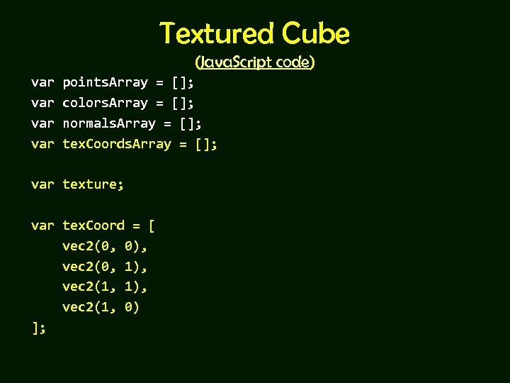 Textured Cube (Java. Script code) var var points. Array = []; colors. Array =