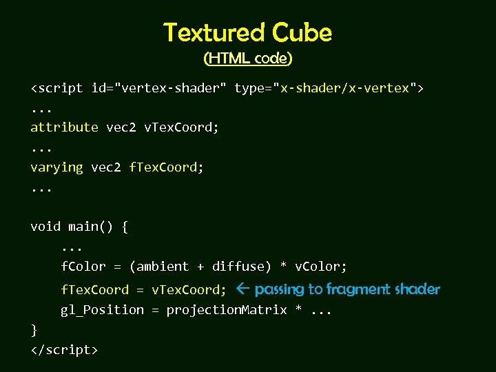 Textured Cube (HTML code) <script id="vertex-shader" type="x-shader/x-vertex">. . . attribute vec 2 v. Tex.