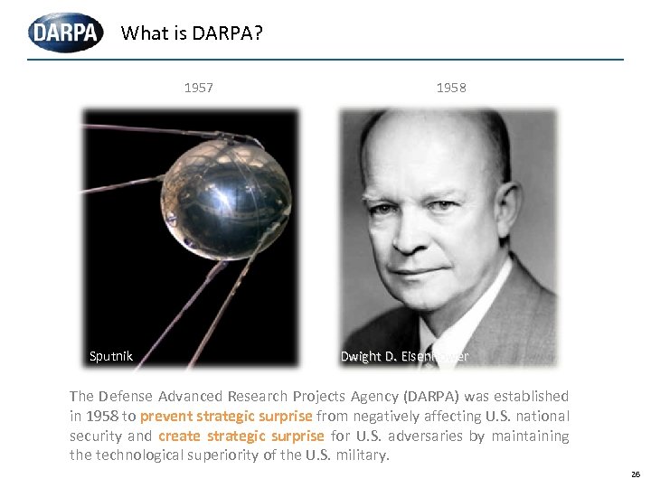 What is DARPA? 1957 Sputnik 1958 Dwight D. Eisenhower The Defense Advanced Research Projects