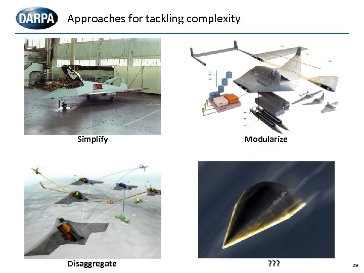 Approaches for tackling complexity Simplify Disaggregate Modularize ? ? ? 29 