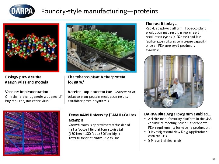 Foundry-style manufacturing—proteins The result today… Rapid, adaptive platform. Tobacco plant production may result in