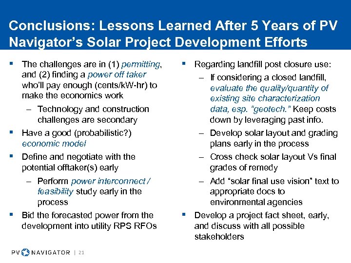 Conclusions: Lessons Learned After 5 Years of PV Navigator’s Solar Project Development Efforts §