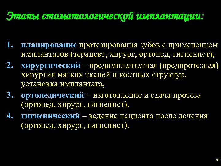Этапы стоматологической имплантации: 1. планирование протезирования зубов с применением имплантатов (терапевт, хирург, ортопед, гигиенист),