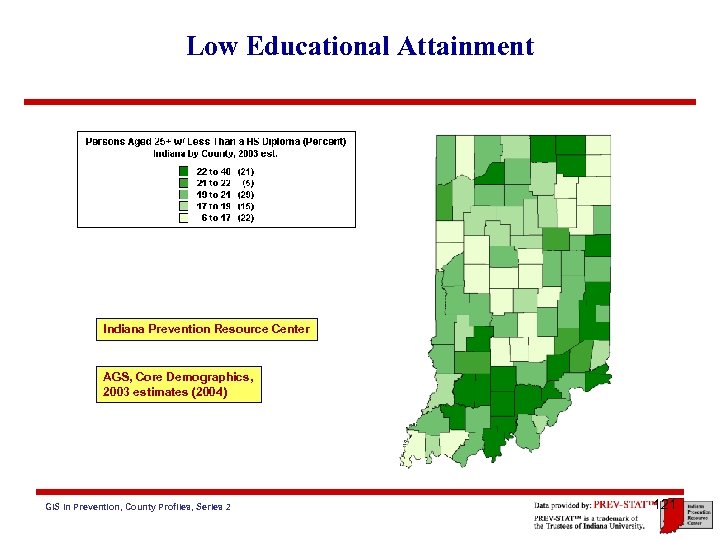 Low Educational Attainment Indiana Prevention Resource Center AGS, Core Demographics, 2003 estimates (2004) GIS