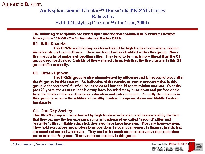 Appendix B, cont. An Explanation of Claritas™ Household PRIZM Groups Related to 5. 10