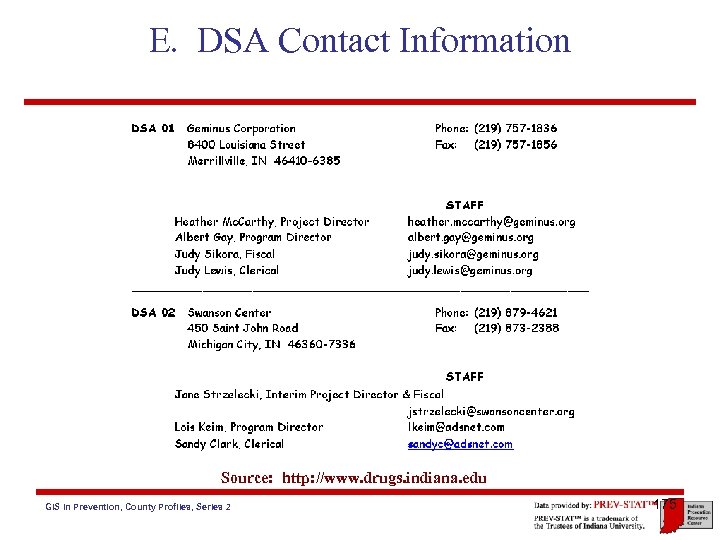 E. DSA Contact Information Source: http: //www. drugs. indiana. edu GIS in Prevention, County