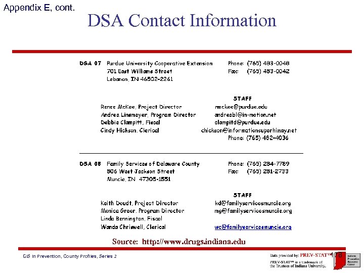 Appendix E, cont. DSA Contact Information Source: http: //www. drugs. indiana. edu GIS in