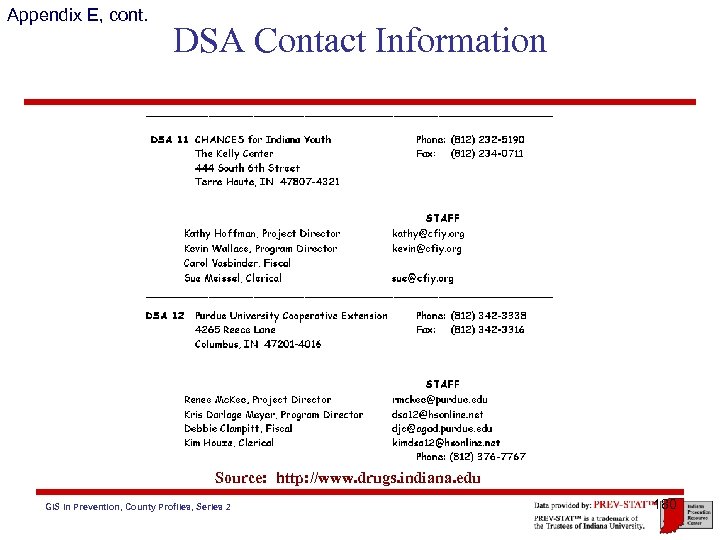 Appendix E, cont. DSA Contact Information Source: http: //www. drugs. indiana. edu GIS in