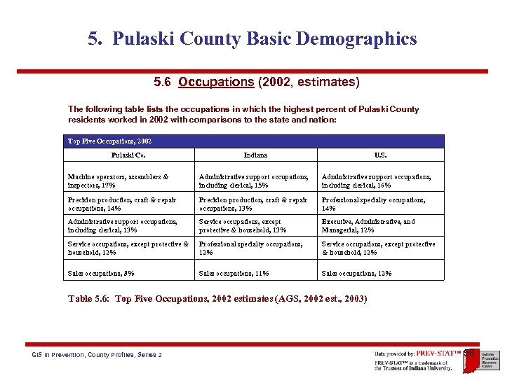 5. Pulaski County Basic Demographics 5. 6 Occupations (2002, estimates) The following table lists