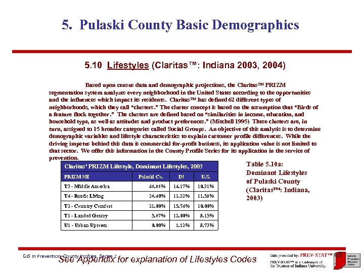 5. Pulaski County Basic Demographics 5. 10 Lifestyles (Claritas™: Indiana 2003, 2004) Based upon