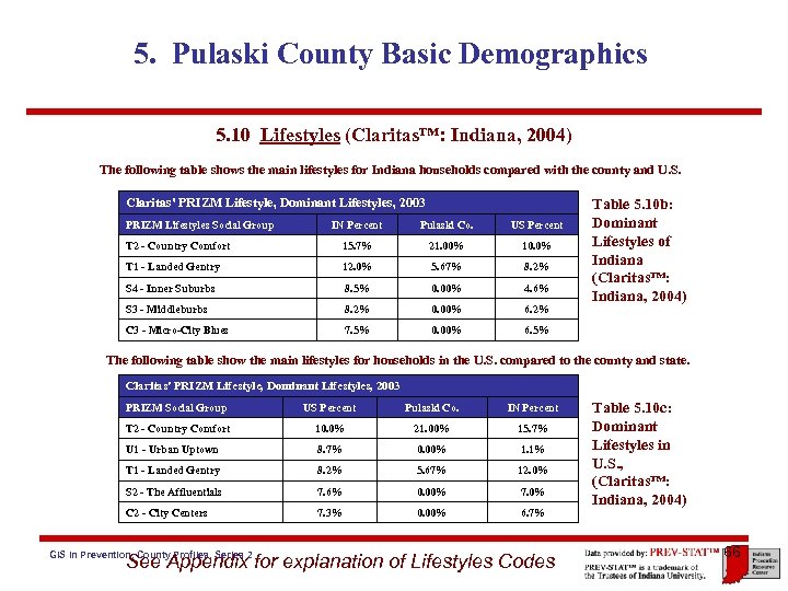 5. Pulaski County Basic Demographics 5. 10 Lifestyles (Claritas™: Indiana, 2004) The following table