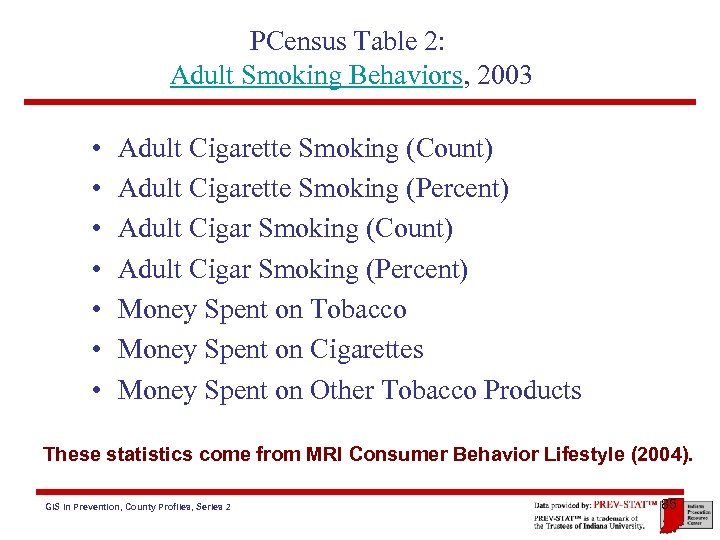 PCensus Table 2: Adult Smoking Behaviors, 2003 • • Adult Cigarette Smoking (Count) Adult