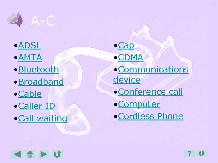 6 A-C • ADSL • AMTA • Bluetooth • Broadband • Cable • Caller