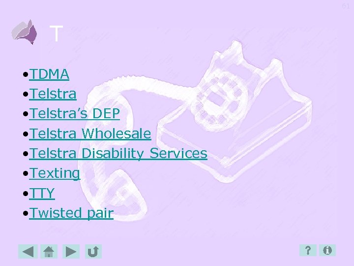 61 T • TDMA • Telstra’s DEP • Telstra Wholesale • Telstra Disability Services