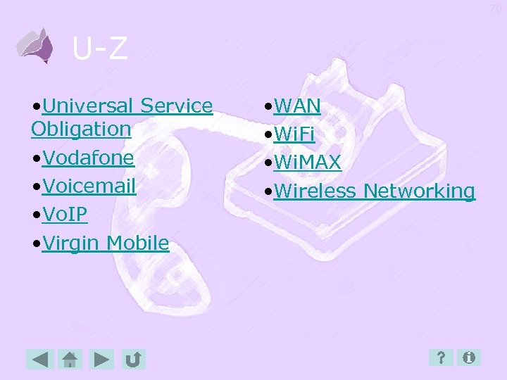 70 U-Z • Universal Service Obligation • Vodafone • Voicemail • Vo. IP •