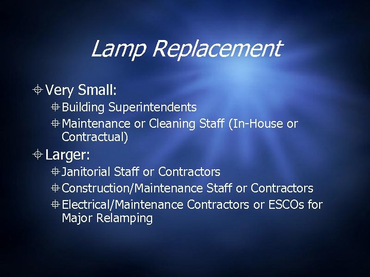 Lamp Replacement Very Small: Building Superintendents Maintenance or Cleaning Staff (In-House or Contractual) Larger: