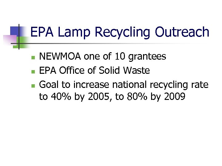 EPA Lamp Recycling Outreach n n n NEWMOA one of 10 grantees EPA Office