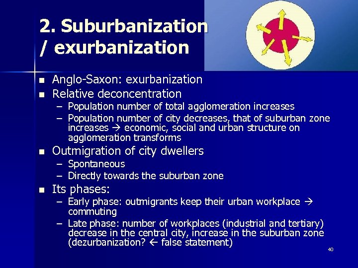 2. Suburbanization / exurbanization n Anglo-Saxon: exurbanization Relative deconcentration n Outmigration of city dwellers