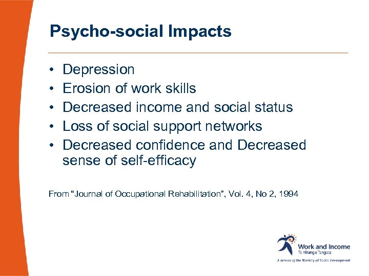 Psycho-social Impacts • • • Depression Erosion of work skills Decreased income and social