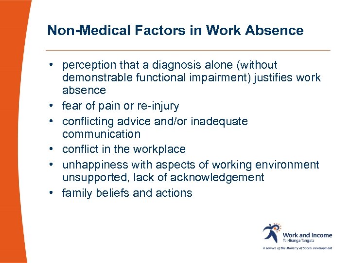 Non-Medical Factors in Work Absence • perception that a diagnosis alone (without demonstrable functional