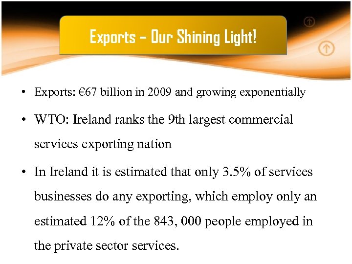Exports – Our Shining Light! • Exports: € 67 billion in 2009 and growing