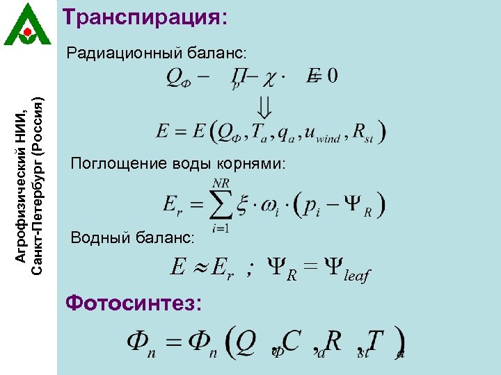 Транспирация: Агрофизический НИИ, Санкт-Петербург (Россия) Радиационный баланс: Поглощение воды корнями: Водный баланс: E Er