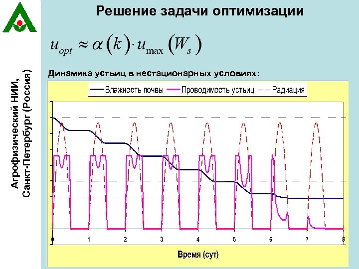 Агрофизический НИИ, Санкт-Петербург (Россия) Решение задачи оптимизации Динамика устьиц в нестационарных условиях: 