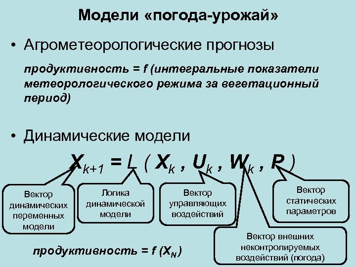 Модели «погода-урожай» • Агрометеорологические прогнозы продуктивность = f (интегральные показатели метеорологического режима за вегетационный