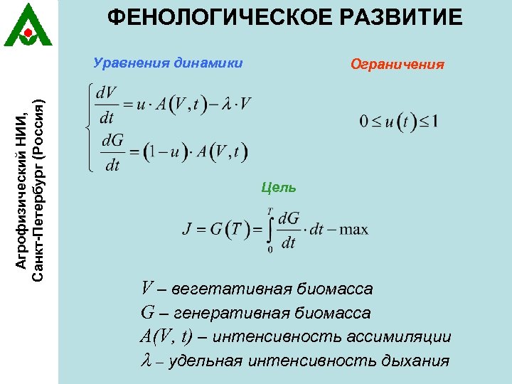 ФЕНОЛОГИЧЕСКОЕ РАЗВИТИЕ Агрофизический НИИ, Санкт-Петербург (Россия) Уравнения динамики Ограничения Цель V – вегетативная биомасса
