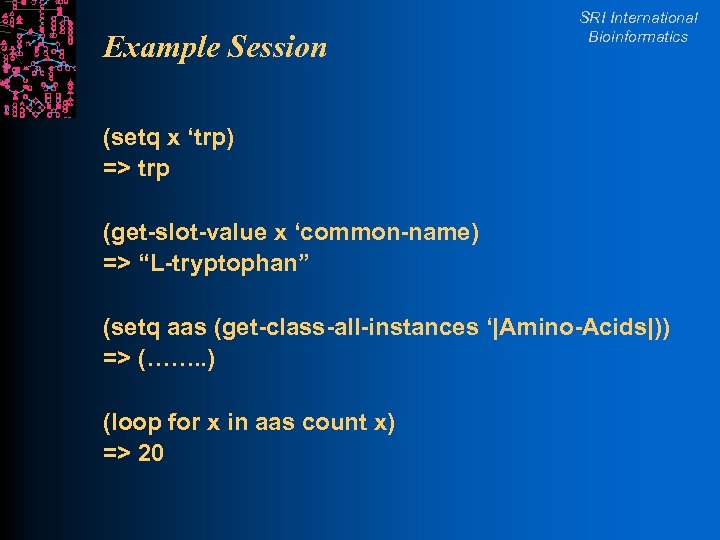 Example Session SRI International Bioinformatics (setq x ‘trp) => trp (get-slot-value x ‘common-name) =>