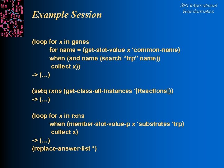 Example Session SRI International Bioinformatics (loop for x in genes for name = (get-slot-value