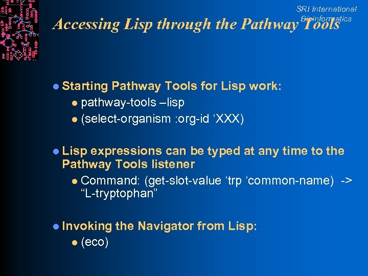 SRI International Bioinformatics Accessing Lisp through the Pathway Tools l Starting Pathway Tools for