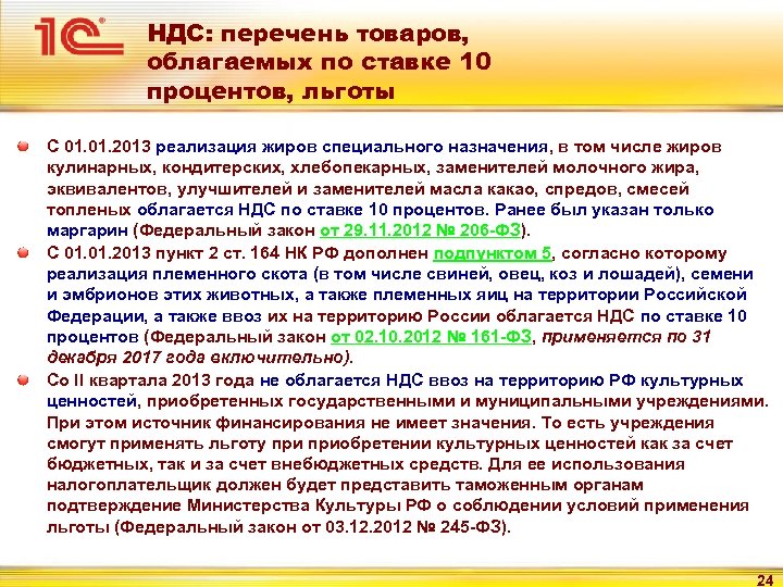 НДС: перечень товаров, облагаемых по ставке 10 процентов, льготы С 01. 2013 реализация жиров