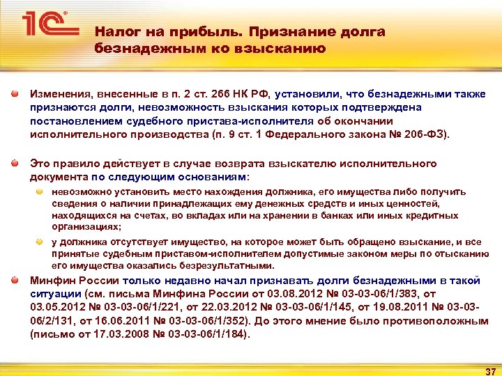 Налог на прибыль. Признание долга безнадежным ко взысканию Изменения, внесенные в п. 2 ст.