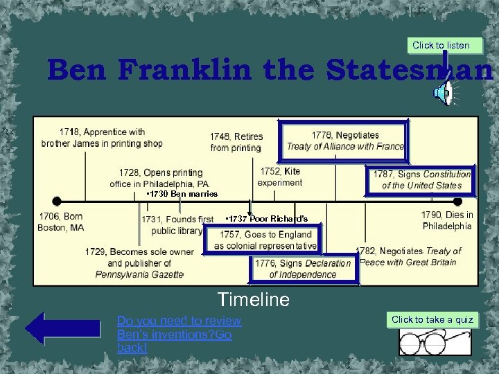 Click to listen Ben Franklin the Statesman • 1730 Ben marries • • •